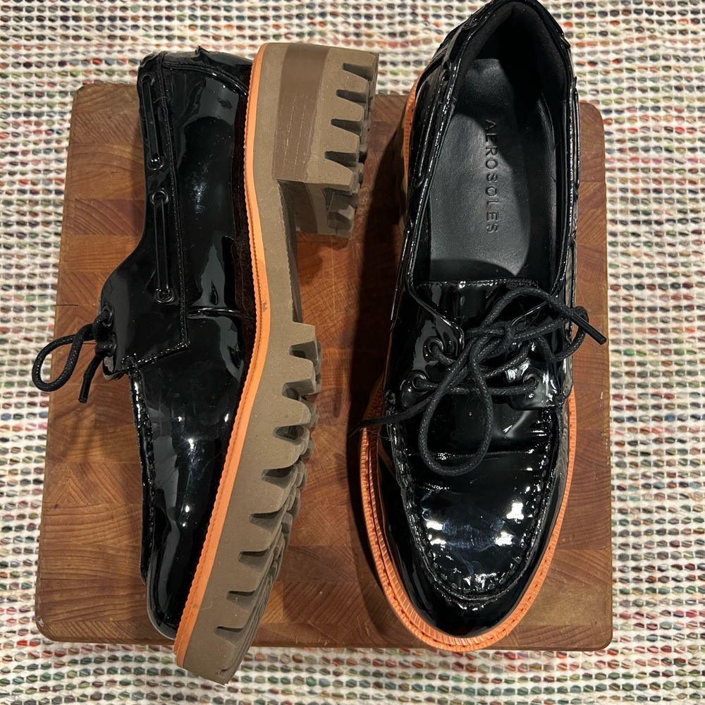 Aerosoles Black Shiny Vegan Leather Russel Lace Up Oxford‎ Thick Tred Shoes 7.5